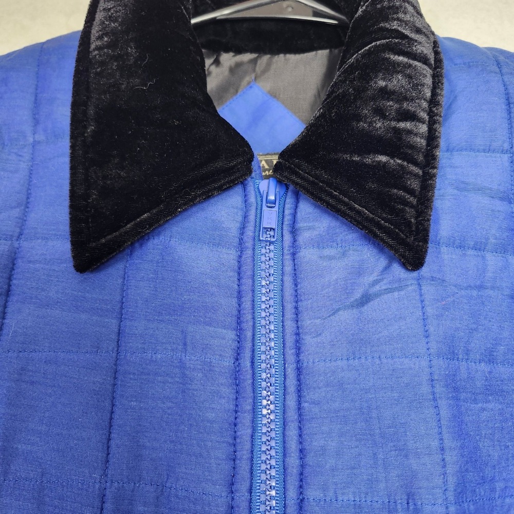 Vintage 100% Silk Quilted Barn Jacket Royal Blue Velvet Collar 90s Bogari Small - Picture 6 of 10